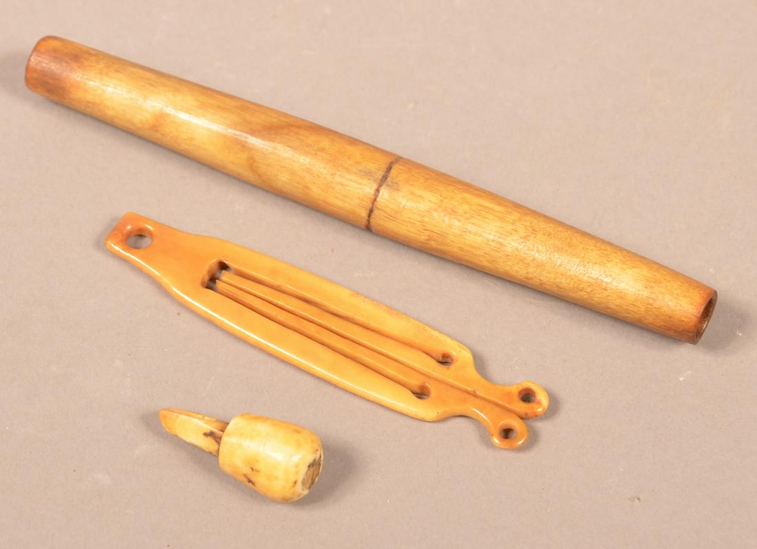 Three Antique Inuit Artifacts on Bone.: Three Antique Inuit Artifacts on bone. Thimble, plug, tube. Condition: Good.