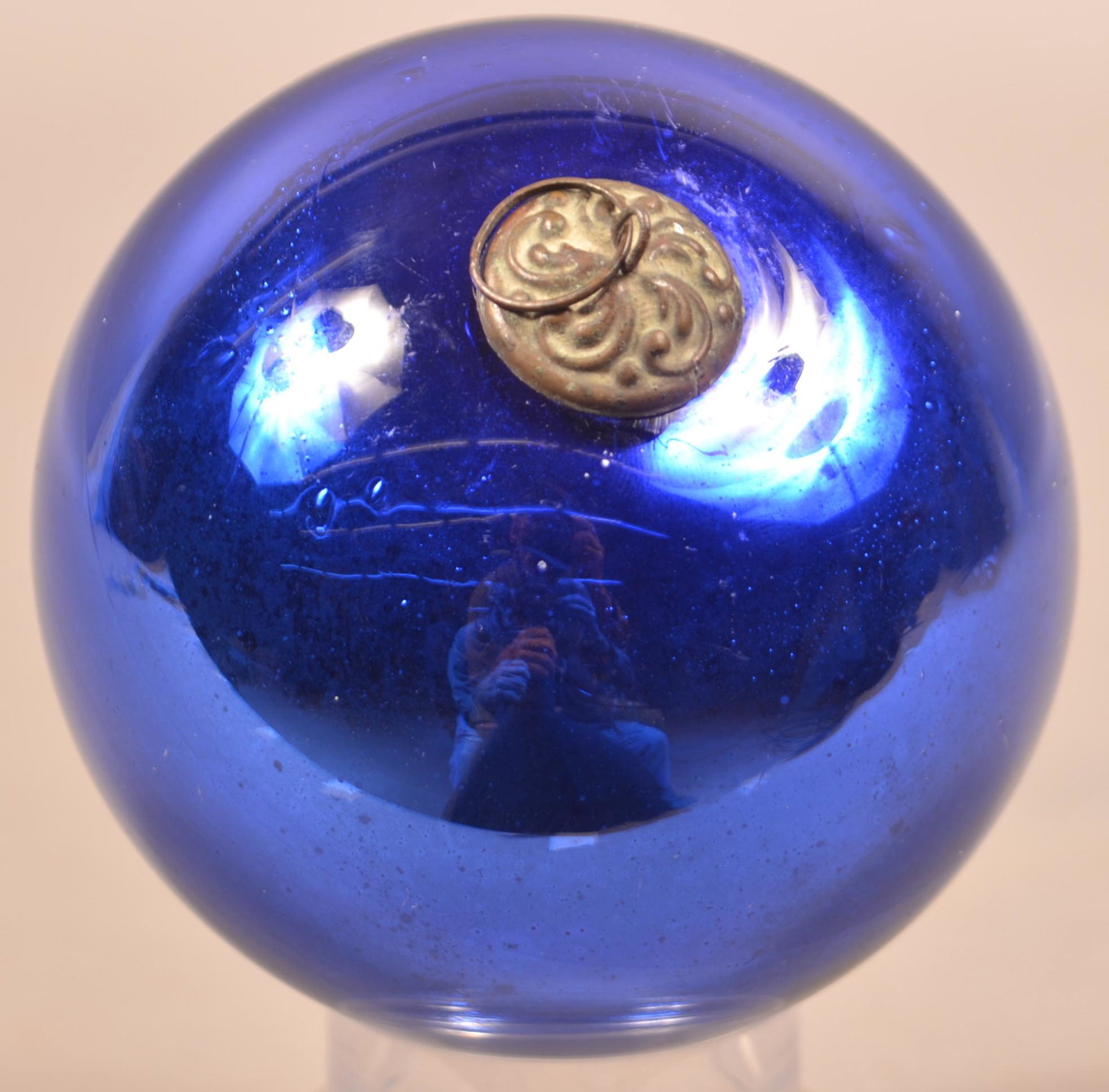 Antique German Cobalt Glass Ball-Form Kugel.: Antique German Cobalt Glass Ball-Form Kugel. Baroque cap. 4-1/4" diam. Condition: Very good.