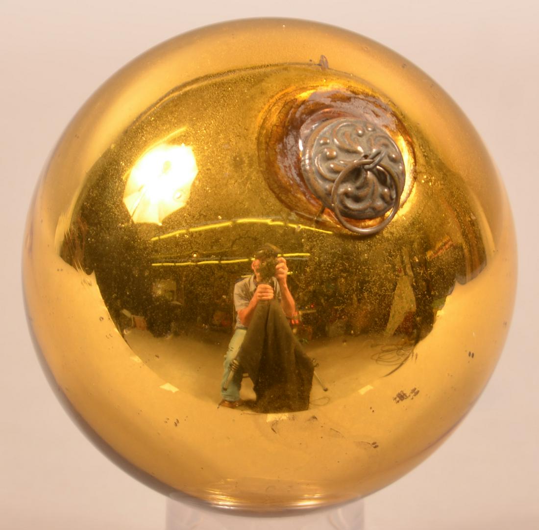 Antique German Gold Glass Ball-Form Kugel.: Antique German Gold Glass Ball-Form Kugel. Baroque cap. 4-3/4" diam. Condition: Good with chip at cap area.