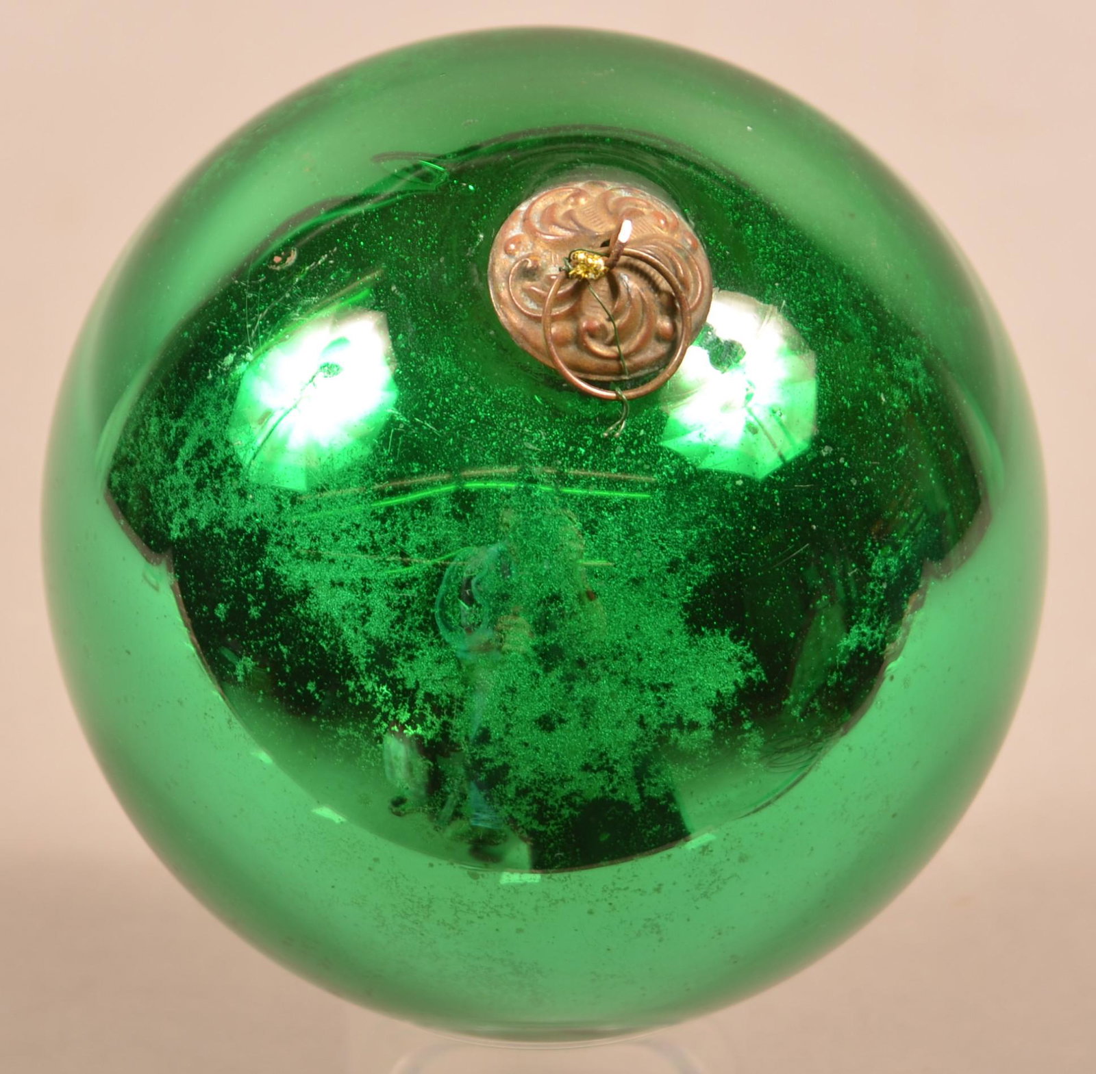 Antique German Green Glass Ball-Form Kugel.: Antique German Green Glass Ball-Form Kugel. Baroque cap. 5-3/4" diam. Condition: Very good.