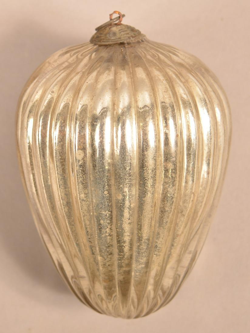 Antique German Silver Glass Ribbed Egg-Form Kugel.: Antique German Silver Glass Ribbed Egg-Form Kugel. Beehive cap. 4-1/2"h. Condition: Very good.