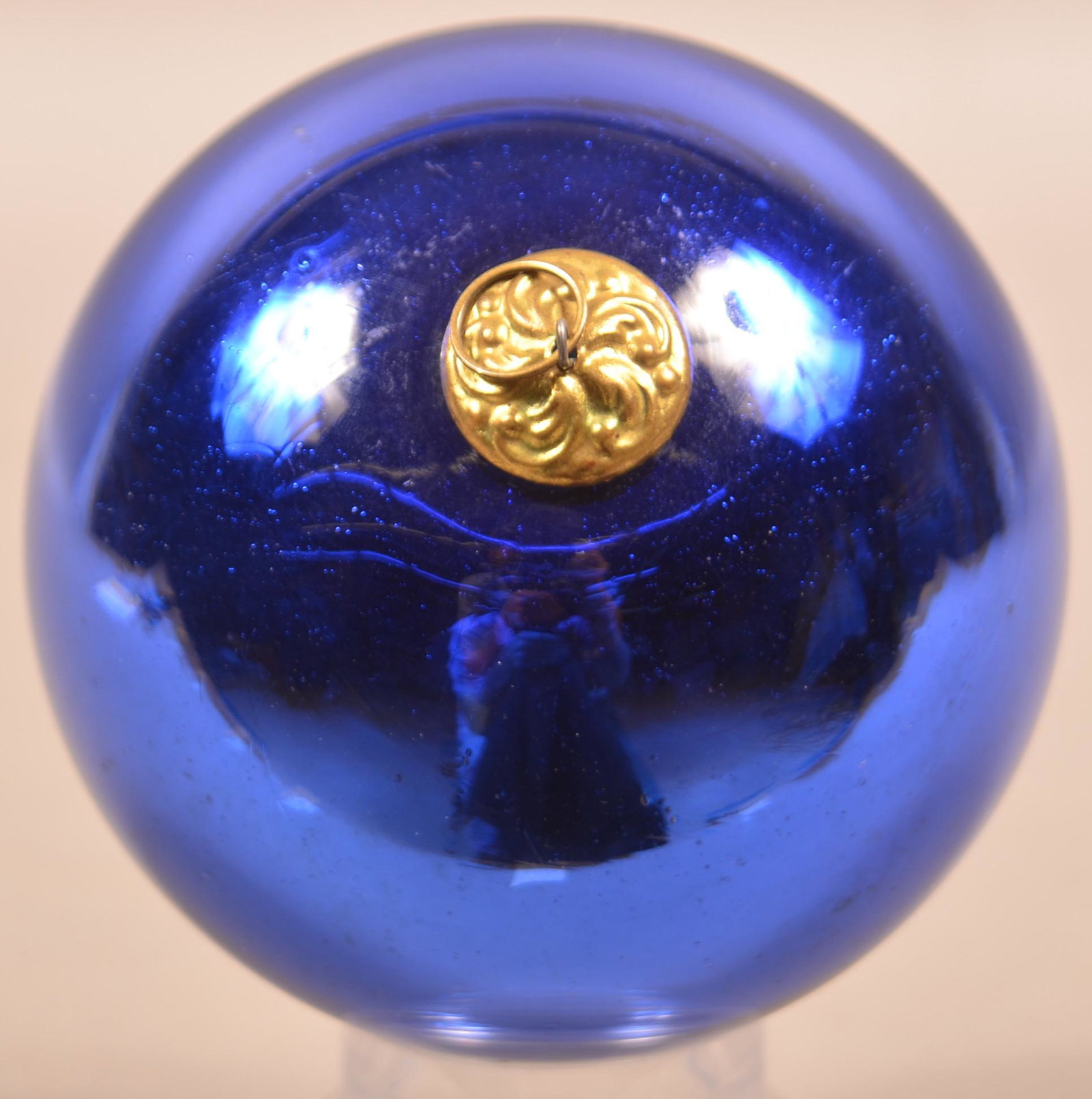 Antique German Cobalt Glass Ball-Form Kugel.: Antique German Cobalt Glass Ball-Form Kugel. Baroque cap. 4-3/4" diam. Condition: Very good.