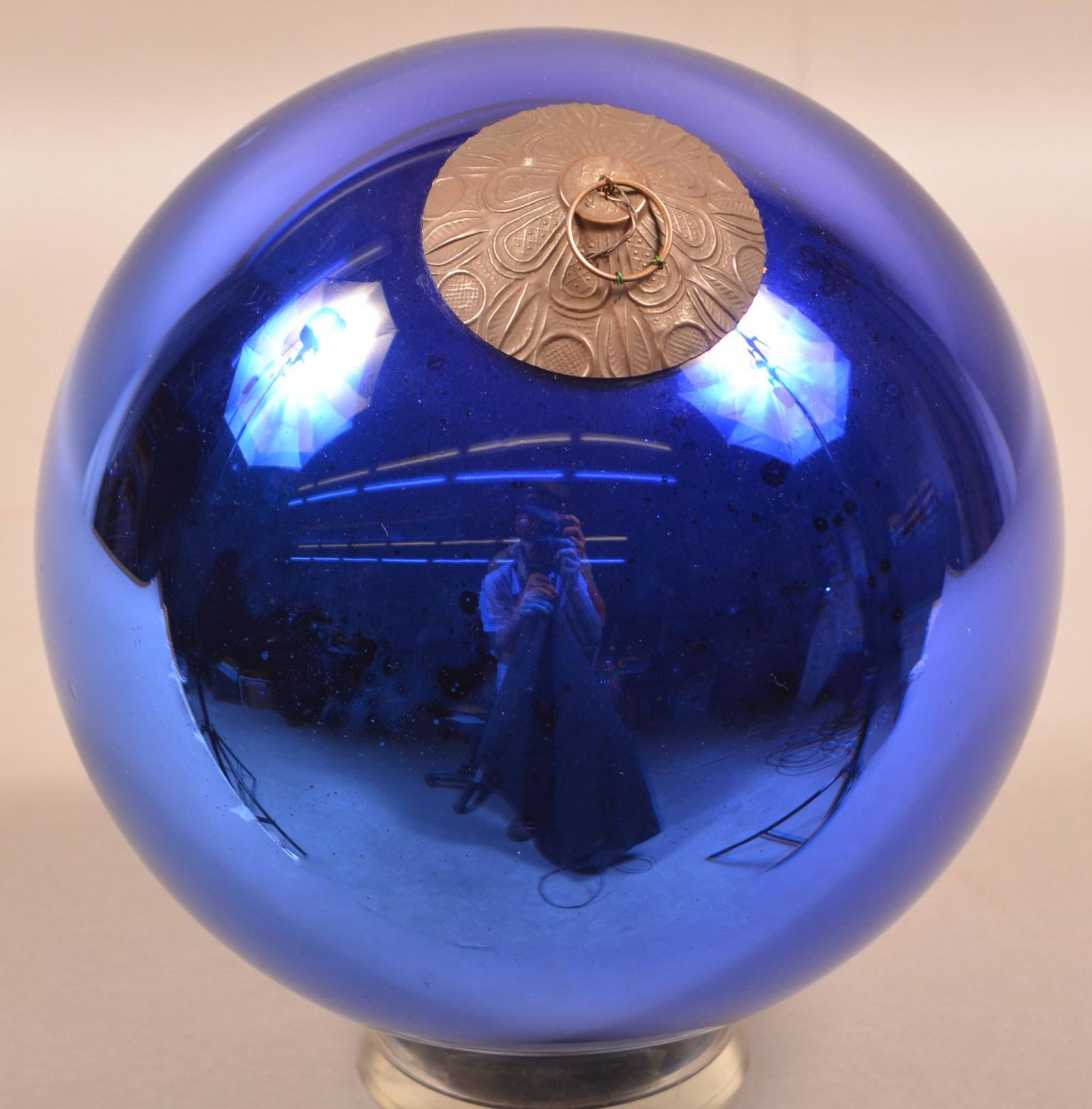 Large Antique French Cobalt Glass Ball-Form Kugel.: Large Antique French Cobalt Glass Ball-Form Kugel. Art Deco cap. 9-1/2" diam. Condition: Very good.