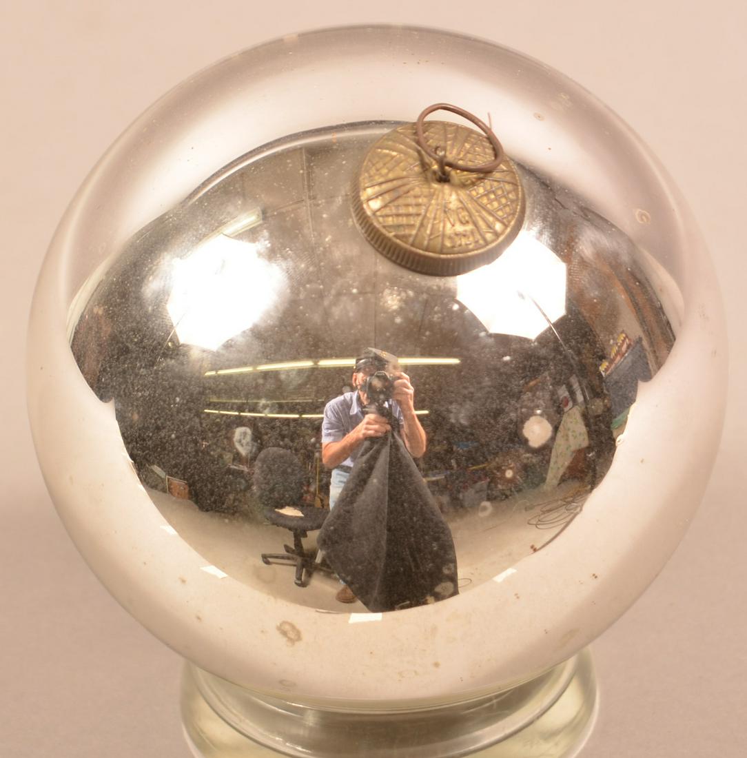 Antique French Silver Glass Ball-Form Kugel.: Antique French Silver Glass Ball-Form Kugel. Double Art Deco caps. 6-1/2" diam. Condition: Very good.