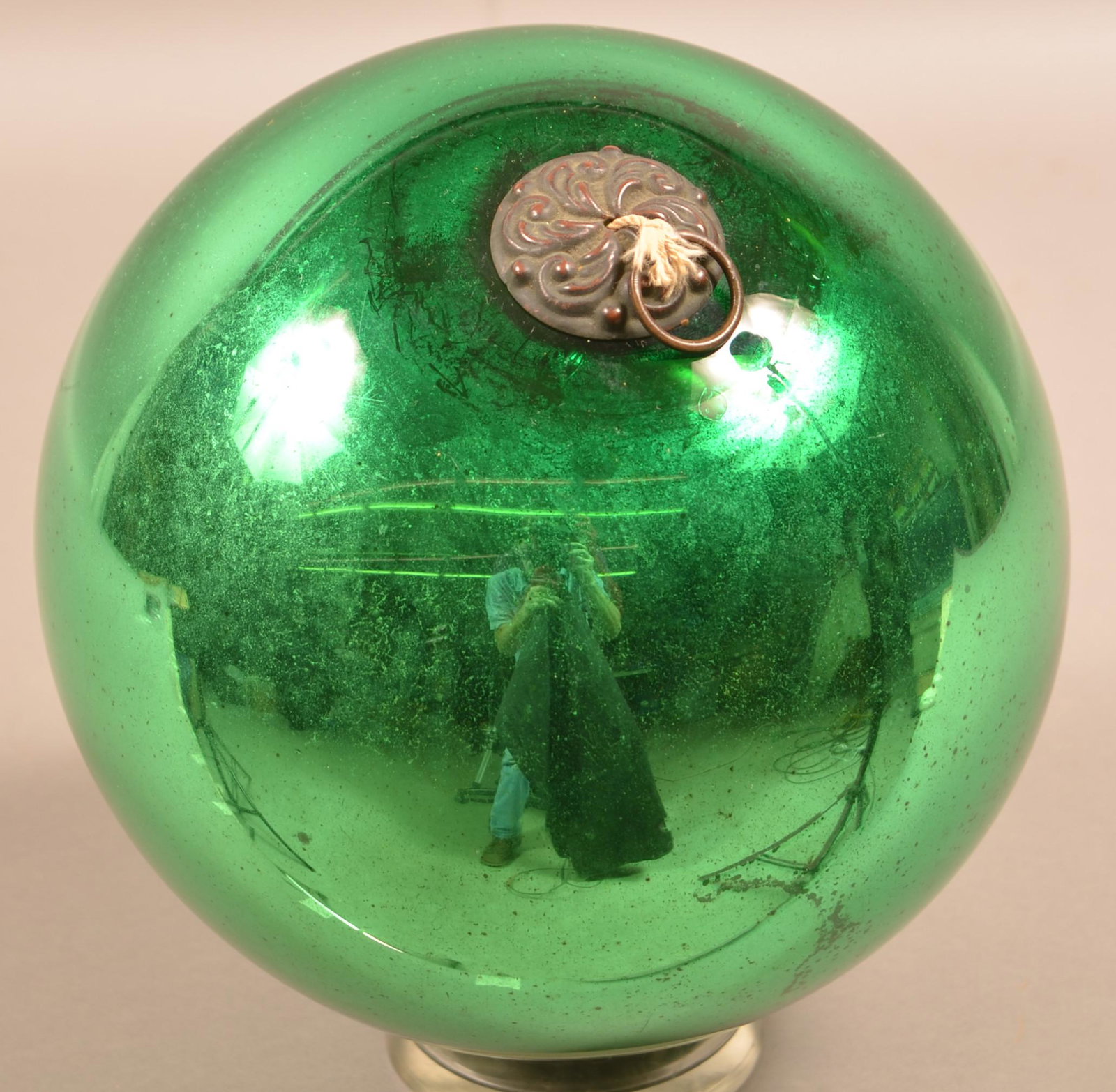 Large Antique German Green Glass Ball-Form Kugel.: Large Antique German Green Glass Ball-Form Kugel. Baroque cap. 10" diam. Condition: Very good.