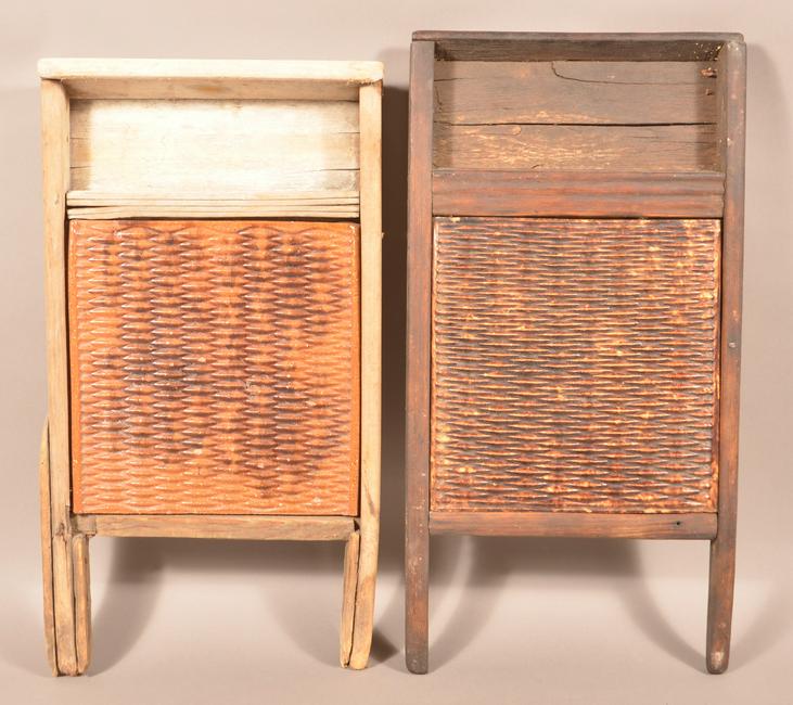 Two Antique Pottery Wood Frame Wash Boards.: Two Antique Pottery Wood Frame Wash Boards. Mottle glazed redware and Rockingham glazed yellowware. Largest measures 23" h. overall. Condition: Good with minor chips, wear, loss and repair to wood fra