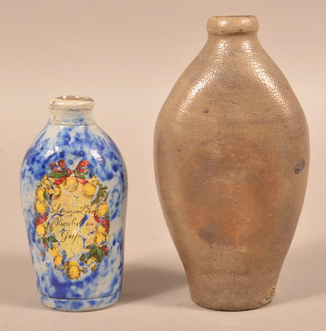 Two 19th Century Stoneware Flasks.: Two 19th Century Stoneware Flasks. Cobalt mottled glaze, 5-3/4'h. and salt glazed 8"h. Condition: Smaller flask is good, larger has spout chips.