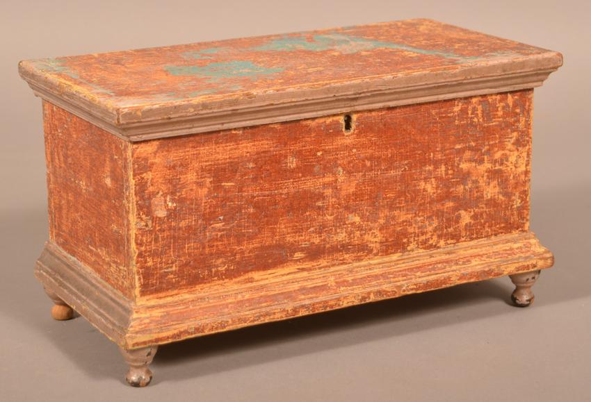 19th Century Softwood Miniature Blanket Chest.: 19th Century Softwood Miniature Blanket Chest. Molded lid, interior walnut till, dovetailed case, molded base and turned feet. Dry-scraped to original grain ground. 7-1/2"h. x 13"w. x 6-3/4"d. Conditi