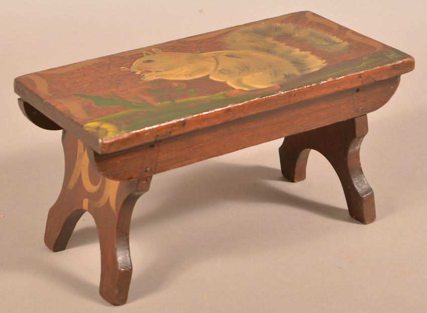Antique Walnut Footstool With Painted Squirrel Top.: Antique Walnut Footstool With Painted Squirrel Top. 6-3/4"h. x 13-1/4"w. x 6-3/4"d. Condition: Good with wear.