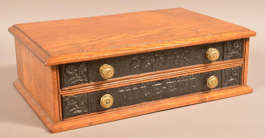 Clarks Mile-End Oak Two Drawer Spool Cabinet.: Clarks Mile-End Oak Two Drawer Spool Cabinet. 7"h. x 22-1/2"w. x 14-1/2"d. Condition: Good with wear, refinished.