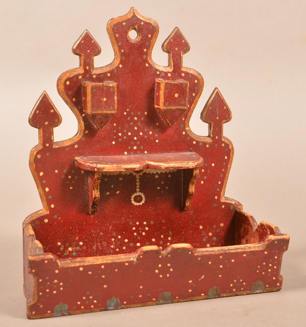 Lancaster County, PA Painted Folk Art Wall Box.: 19th Century Lancaster County Wall Box with Original Painted Decoration. Graduated and shaped cut out back with shelf and lower tray. Red ground with yellow highlights, dot and acorn decoration. Sever