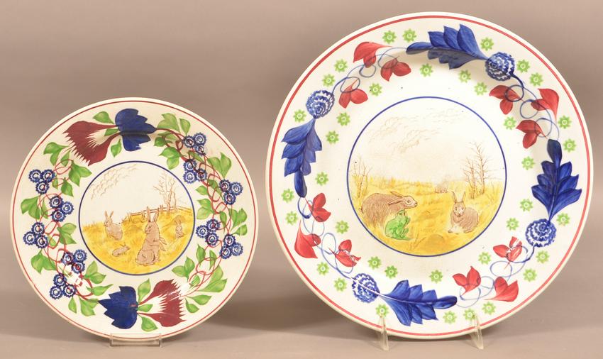 Rabbitware Stick Spatter Ironstone China Charger &: Rabbitware Stick Spatter Ironstone China Charger and Plate. Central rabbits and frog transfer on charger, rabbits only on plate with variant polychrome stick spatter borders. 9-1/2" and 12-3/4" diam. 