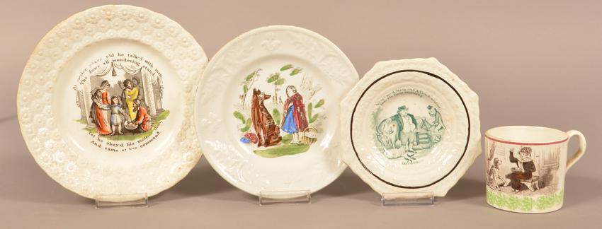 Ironstone Transfer Decorated Children's China.: Ironstone Transfer Decorated Children's China. 19th century with various scenes and verses. Largest 7-3/4" diam. Condition: Good, no damage.