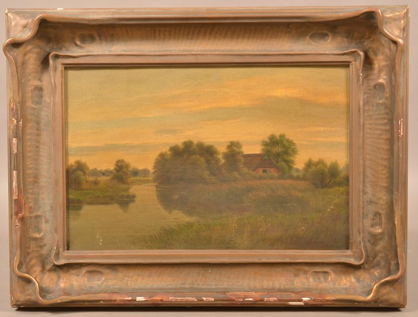 Fritz Steinhauer Oil on Canvas Landscape Painting.: Fritz Steinhauer Oil on Canvas Landscape Painting. Signed in lower left corner "F. Steinhauer 1903". Depicting autumn stream and woodland scene. In a gilt art nouveau frame. 18-1/2" x 24-1/2" overall.