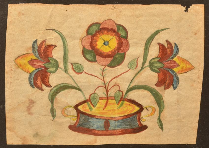Fraktur Watercolor Drawing Depicting Potted Flowers.: Folk Art Fraktur Watercolor Drawing Depicting Potted Flowers. Southeastern Pennsylvania early 19th century. Image size 3-3/4" x 5-1/4", in a modern plastic frame. Condition: Good with strong colors, m