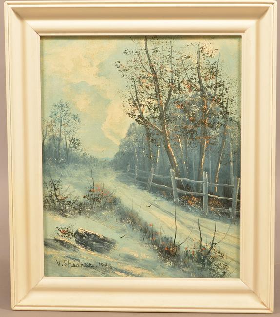 Victor Shearer Oil on Canvas Winter Landscape Painting.: Victor Shearer Oil on Canvas Winter Landscape Painting. (Berks Co., PA 1872-1951). Depicts a winter woodland scene with birch trees. Signed lower left "V. Shearer 1943". Image size 11-3/4" x 9-1/2", i