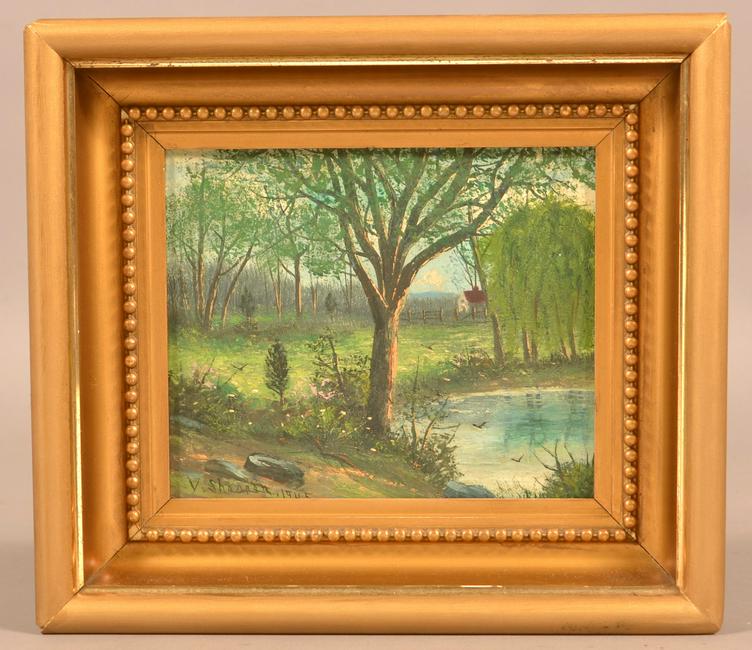 Victor Shearer Oil on Canvas Landscape Painting.: Victor Shearer Oil on Canvas Landscape Painting. (Berks Co., PA 1872-1951). Depicts a woodland and pond scene with a cottage in the background. Signed lower left "V. Shearer 1945". Image size 6-1/2" x