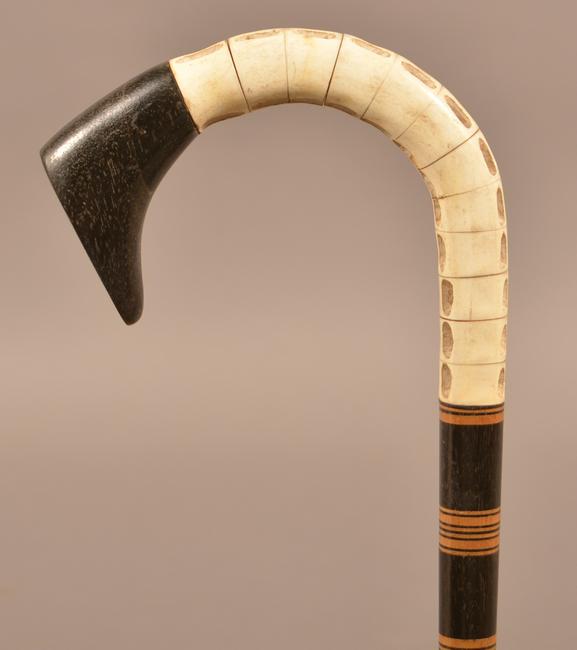 Antique/Vintage Shark Vertebrae Crook Cane.: Antique/Vintage Shark Vertebrae Crook Cane. Ebony wood handle end and horn tip. 35-1/2"l. Condition: Good with minor wear.