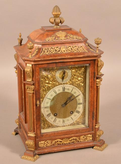 Late 19th Century Lenzkirch Bracket Clock.: Late 19th Century Lenzkirch Bracket Clock. 8-day time and strike movement with brass dial, movement with Lenzkirch trade mark, serial # 15372. Burl walnut case with brass ormolu mountings. 18"h. Condi