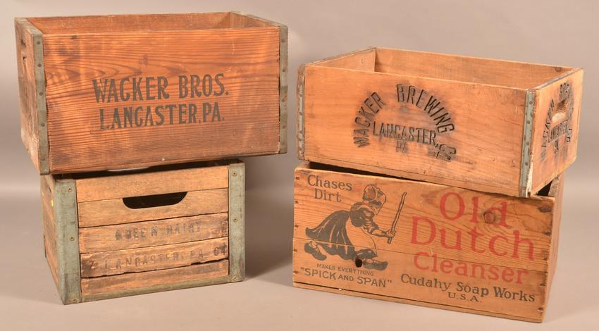 Four Antique Lancaster, PA Wooden Advertising Crates.: Four Antique Lancaster, PA Wooden Advertising Crates. Two Wacker beer crates, Queen Dairy milk crate and Old Dutch Cleaner crate. Tallest 12-1/2"h. Condition: Good with wear.