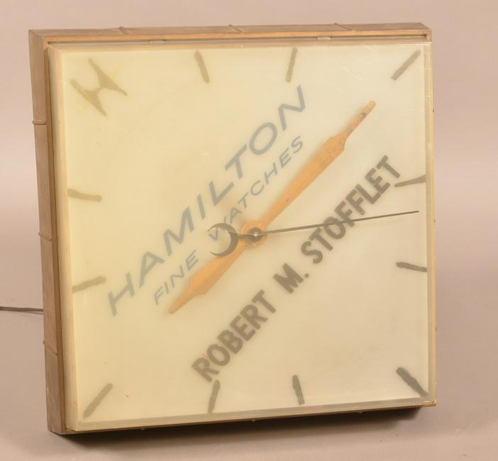 Hamilton Fine Watches Electric Advertising Wall Clock.: Vintage Hamilton Fine Watches Electric Advertising Wall Clock. "Robert M. Stofflet". 16" square. Condition: Good with wear, 4" crack on front, working.