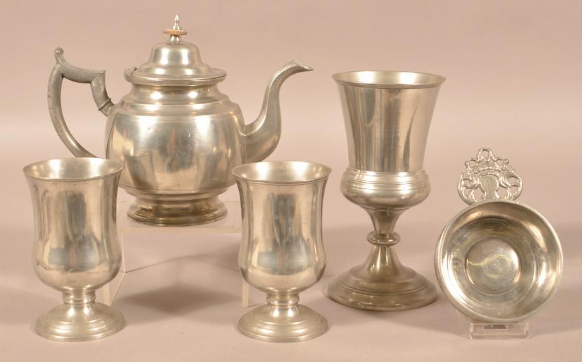 Five Pieces of 19th Century Pewter.: Five Pieces of 19th Century Pewter. Porringer is signed "I C", possibly Boston area. Tallest chalice measures 8-1/2'h. Condition: Good with use wear and minor dents.
