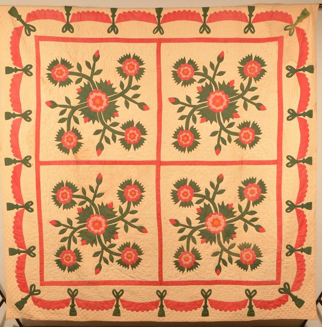 Antique Pennsylvania Rose of Sharon Applique Quilt.: Antique Pennsylvania Rose of Sharon Applique Quilt. Tassel and drape border. Bought in Spring Grove, York County, PA. 83" x 93-1/2". Condition: Good with some stains and toning.