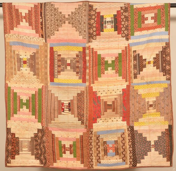 Antique Log Cabin Pattern Patchwork Crib Quilt.: Antique Log Cabin Pattern Patchwork Crib Quilt. 38" square. Condition: Good stains and minor wear.