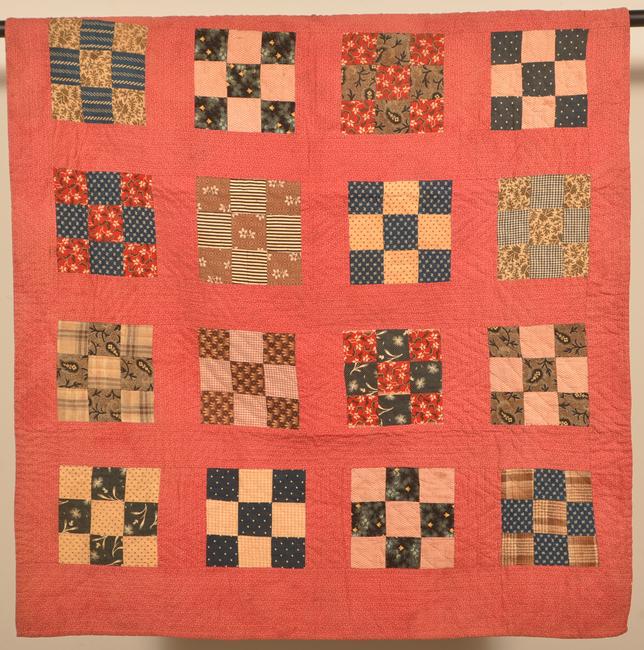 Antique Nine Patch Pattern Crib Quilt.: Antique Nine Patch Pattern Crib Quilt. Purchased at Mrs. Hench's on-site public auction in Red Cross Village, Northumberland County, PA. 36" x 39". Condition: Very good with some toning.