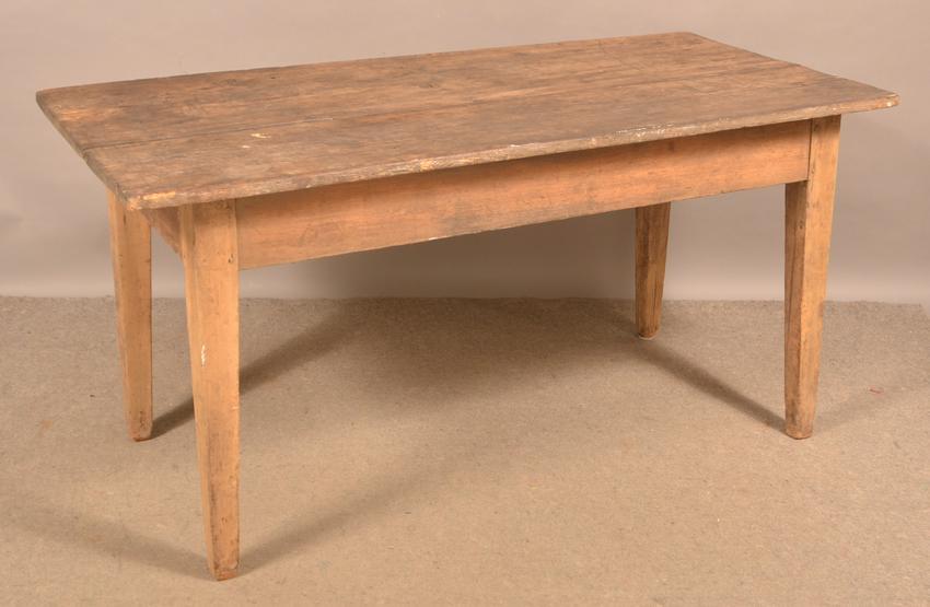 PA Country Hepplewhite Softwood Harvest Table.: Pennsylvania Country Hepplewhite Softwood Harvest Table. Two board scrubbed top with tapered legs having remnants of the original ochre paint. 28-1/2"h. x 57"l. x 28-1/2"d. Condition: Good with wear a