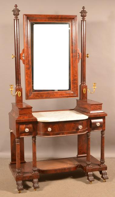 19th Century Burl Mahogany Marble Top Vanity.: 19th Century Burl Mahogany Marble Top Vanity. 83"h. x 43"w. x 22"d. Condition: Good with minor wear and losses. Missing lower marble shelf.