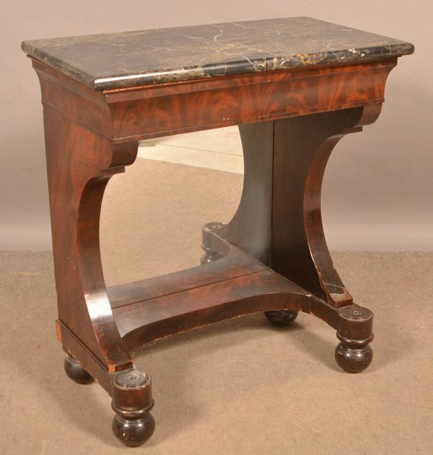 19th Century Burl Mahogany Marble Top Pier Table.: 19th Century Burl Mahogany Marble Top Pier Table. 32"h. x 28"w. x 17"d. Condition: Fair with wear and veneer loss.