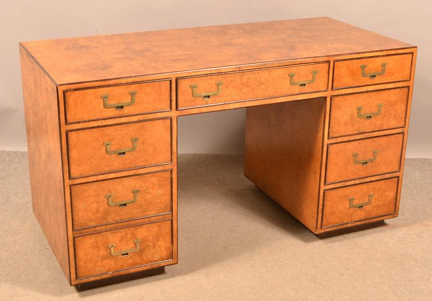 John Widdicomb Burlwood Kneehole Desk.: John Widdicomb Burlwood Kneehole Desk. 29-1/2"h. x 52"w. x 24"d. Condition: Good with wear.