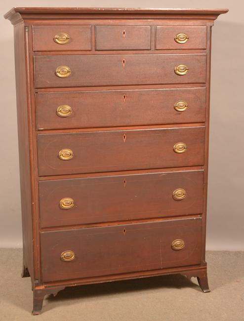 Lancaster Co., PA Hepplewhite Cherry Tall Chest.: Manheim, Lancaster County, Pennsylvania Hepplewhite Cherry Inlaid Tall Chest of Drawers. Cove molded cornice, banded inlay, three split over five full width lip molded graduated dovetailed drawers wit
