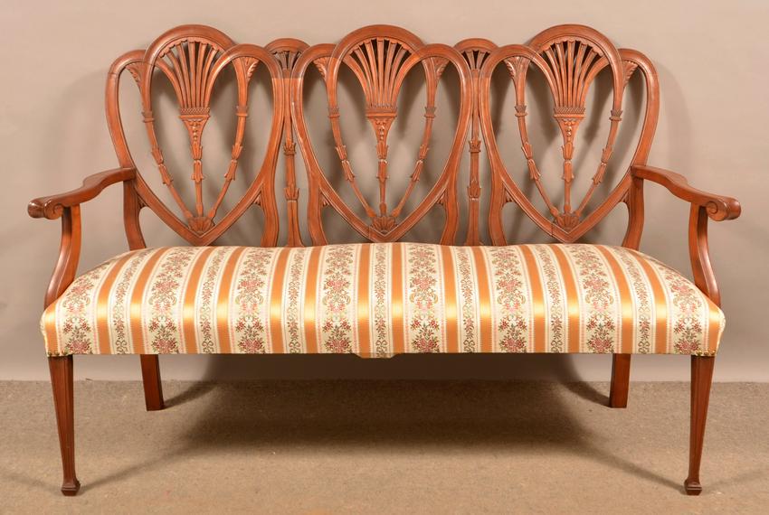 Federal Style Mahogany Shield-Back Settee.: Federal Style Mahogany Shield-Back Settee. Seat height 18", 60"w. x 38"h. overall. Condition: Very good with minor wear.