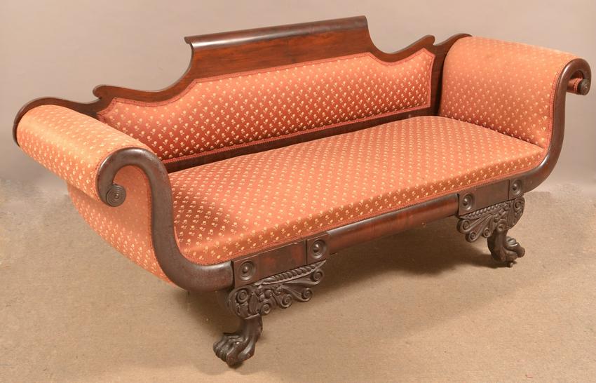 American Empire Mahogany Carved Frame Sofa.: American Empire Mahogany Carved Frame Sofa. Seat height 18", 77"w. x 35"h. overall. Condition: Good with minor wear and losses.