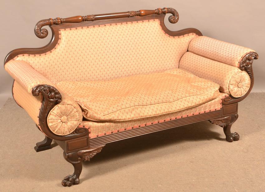 American Federal Mahogany Carved Frame Sofa.: American Federal Mahogany Carved Frame Sofa. Seat height 17", 62"w. x 34"h. overall. Condition: Good with minor wear and losses.
