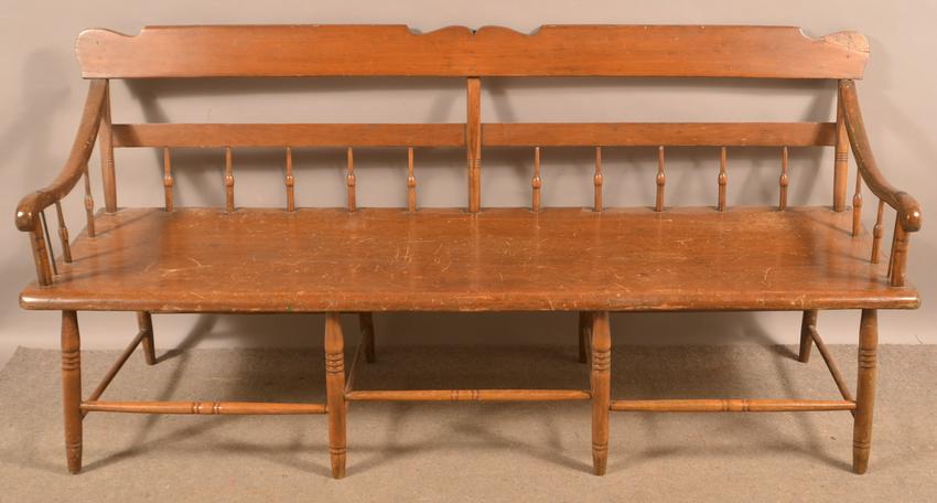 Pennsylvania Half Spindle-Back Plank Seat Settee.: Pennsylvania 19th Century Half Spindle-Back Plank Seat Settee. Seat height 17", 70"w. x 33"h. overall. Condition: Good with minor wear and reinforcements, refinished.