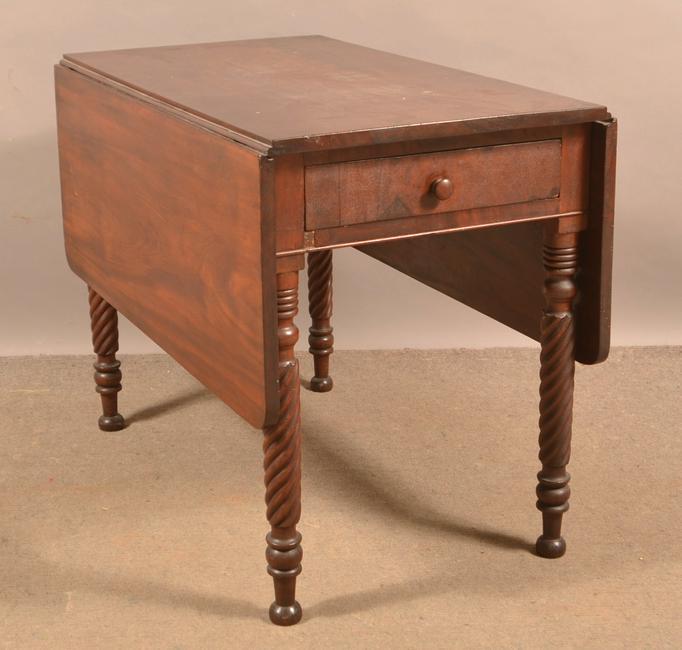 American Federal Mahogany Drop-Leaf Table.: American Federal Mahogany Drop-Leaf Table. 29"h. x 22"w. x 88"d., each leave measures 16". Condition: Good with minor wear and losses.