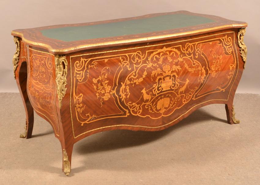 Ormolu Mounted Rosewood Marquetry Desk.: Continental Ormolu Mounted Rosewood and Marquetry Desk. 32"h. x 62"w. x 30"d. Condition: Good with wear.