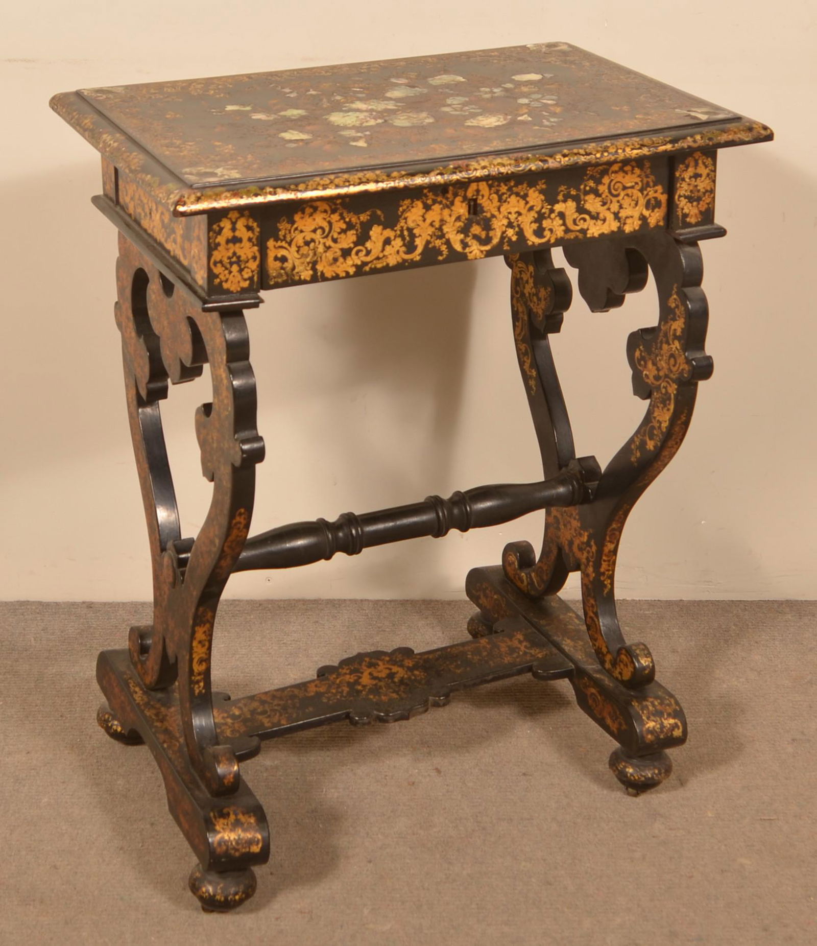 19th Century Mother of Pearl Lacquered Sewing Stand. (1 of 4)