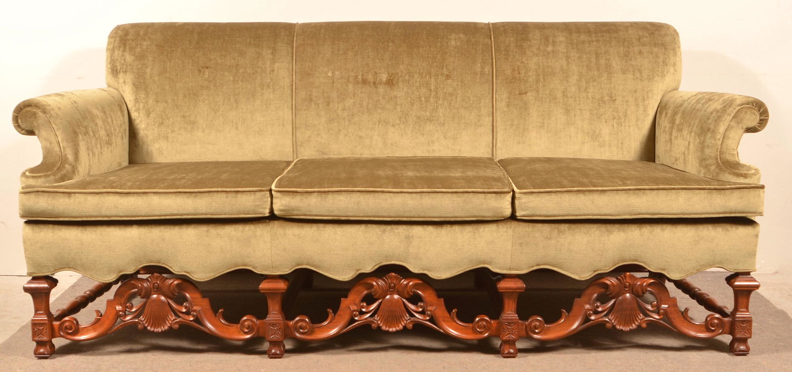 Carved Frame Velour Sofa. (1 of 3)