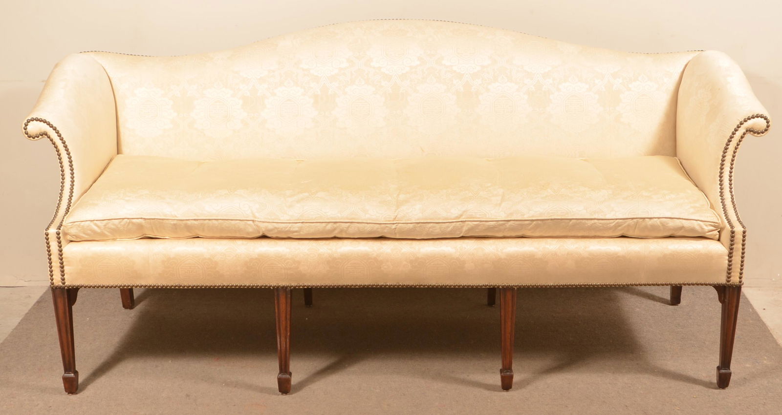 English Hepplewhite Camel Back Upholstered Settee. (1 of 4)