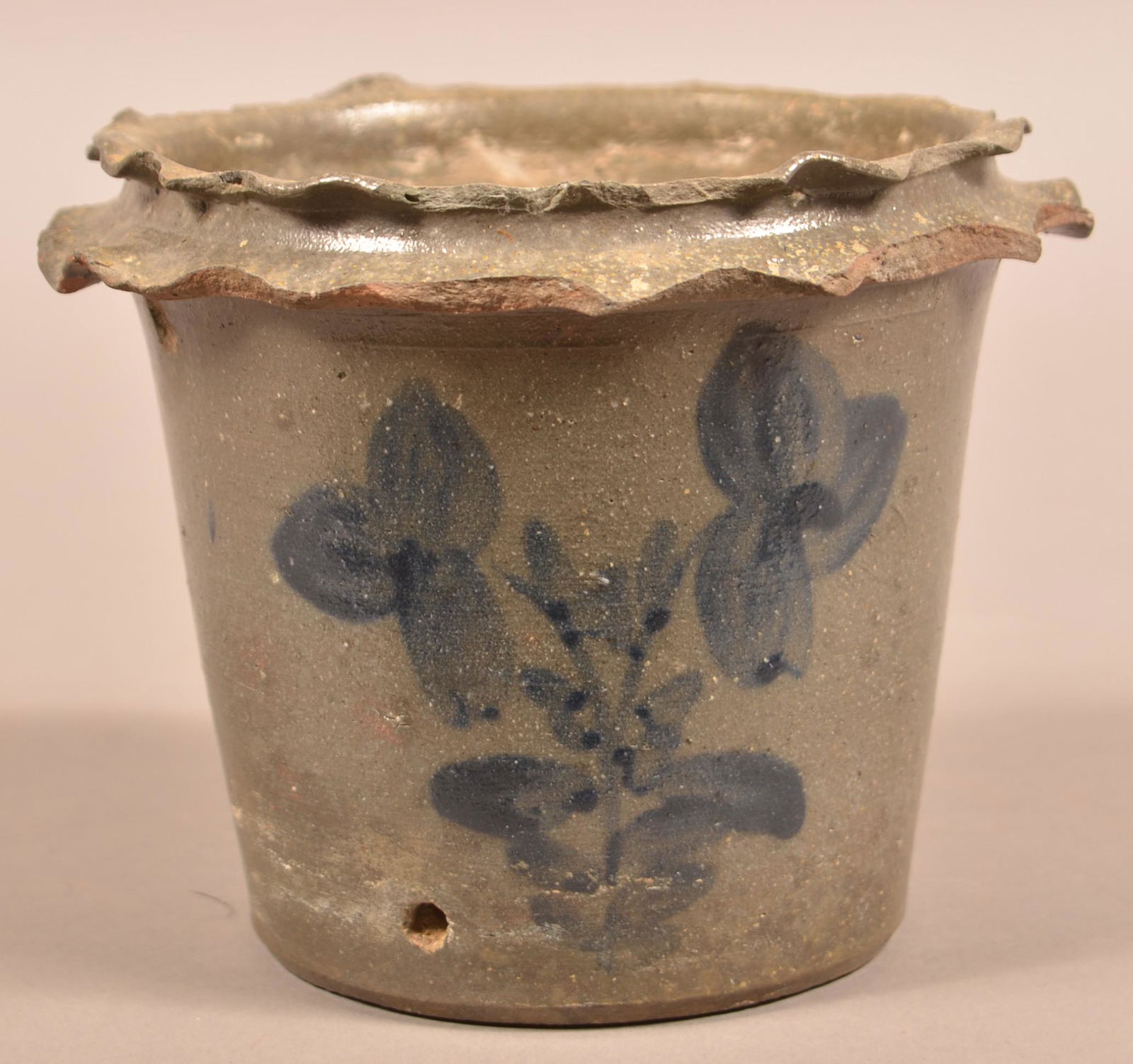Redware Flower Pot-Double Sided Cobalt Floral Dec.: Redware Flower Pot With Double Sided Cobalt Floral Decoration. Fluted upper rim and tapered body. 5-3/4"h. Condition: Fair with chips, hole in base.