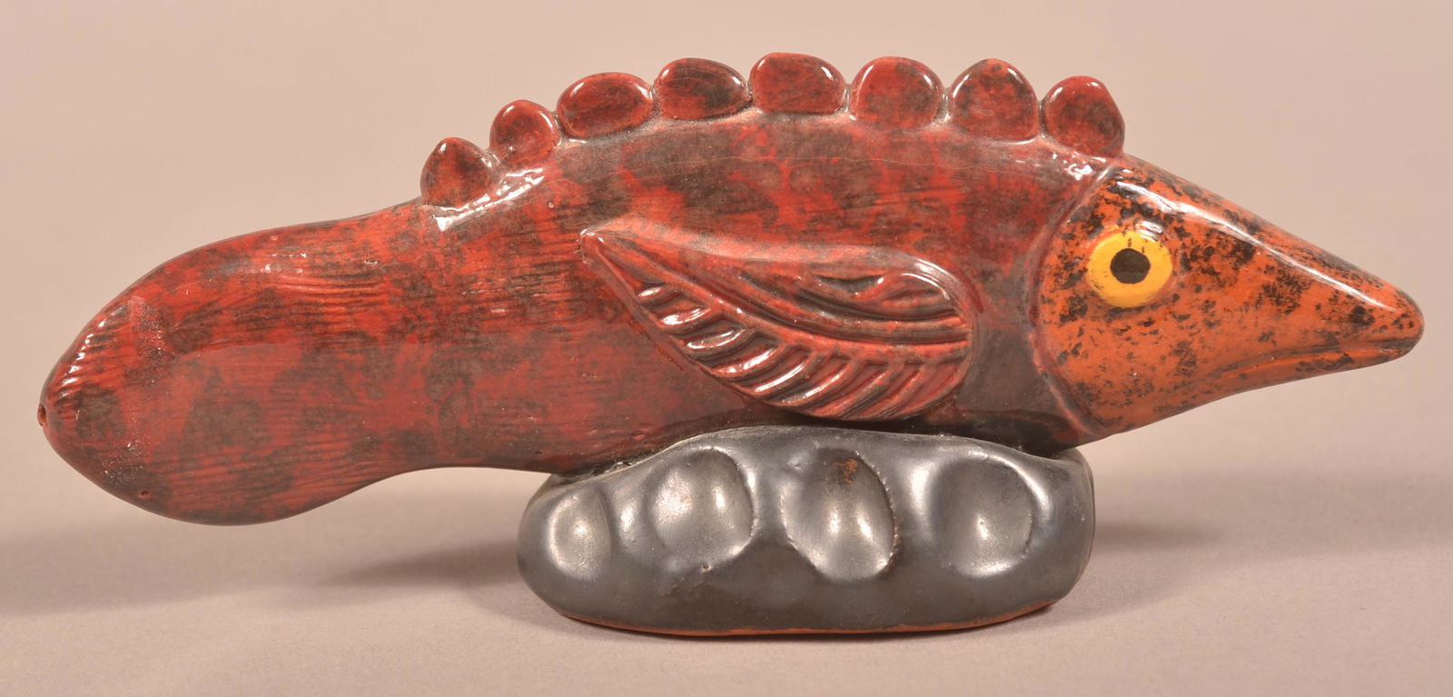 Seagreaves Hand-Molded Redware Fish-Form Whistle.: James Seagreaves Glazed Redware Hand-Molded Fish-Form Whistle. Signed on base "JCS". 7"l. Condition: Very good.
