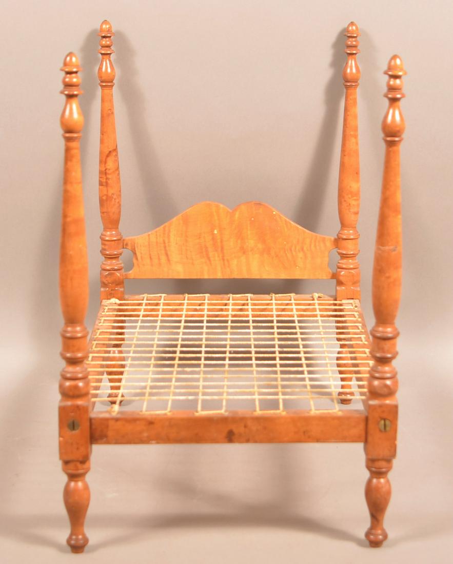 Antique Birds Eye and Tiger Maple Miniature Poster Bed.: Antique Birds Eye and Tiger Maple Miniature poster Bed. 18"h. x 19"l. x 12"w. Tex Johnson Collection. Condition: Very good.