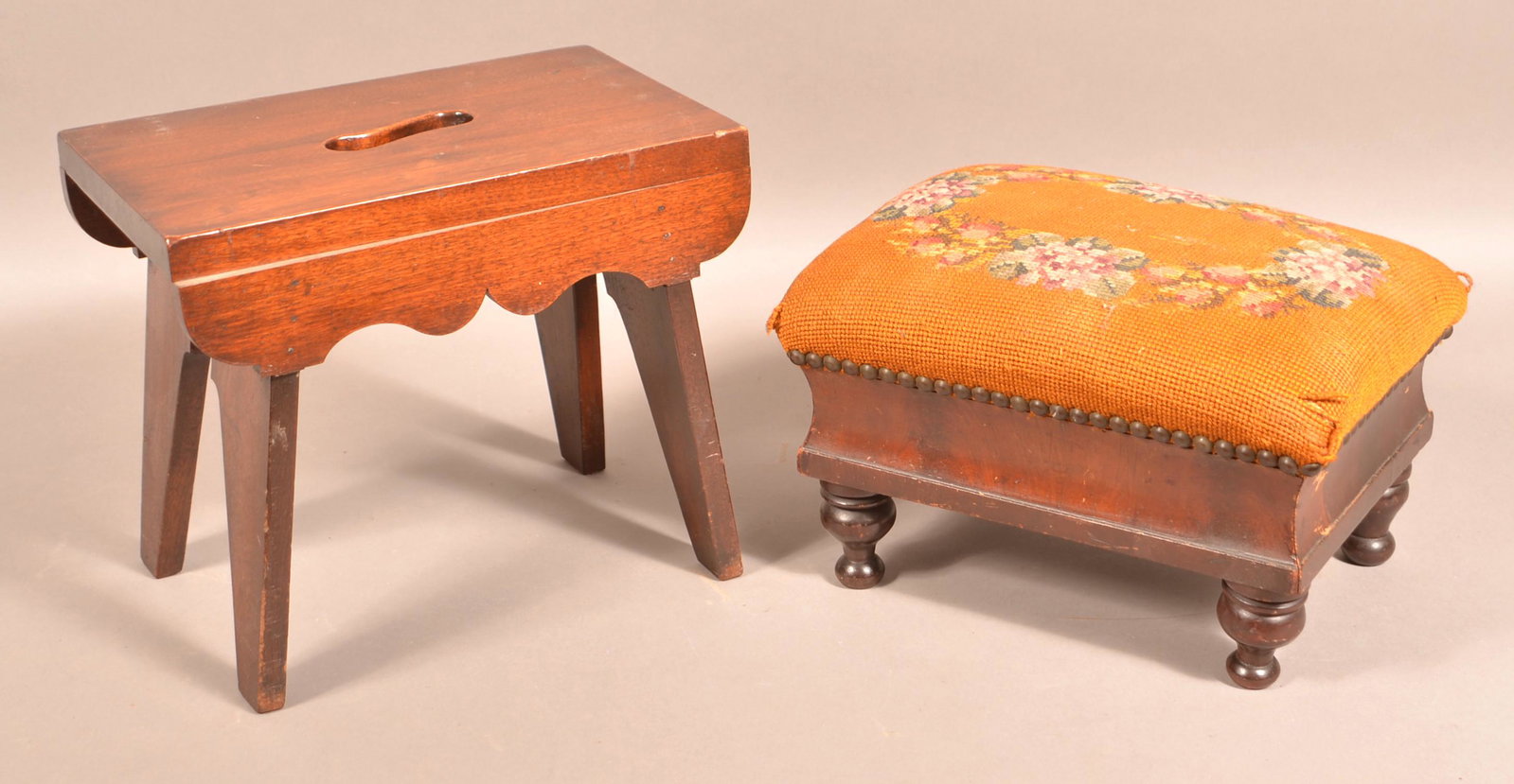 Two Antique Foot Stools.: Two Antique Foot Stools. Walnut footstool with serpentine skirt, 10-3/4"h. Needlepoint upholstered top foot stool, 9"h. Tex Johnson Collection. Condition: Good with minor loss.