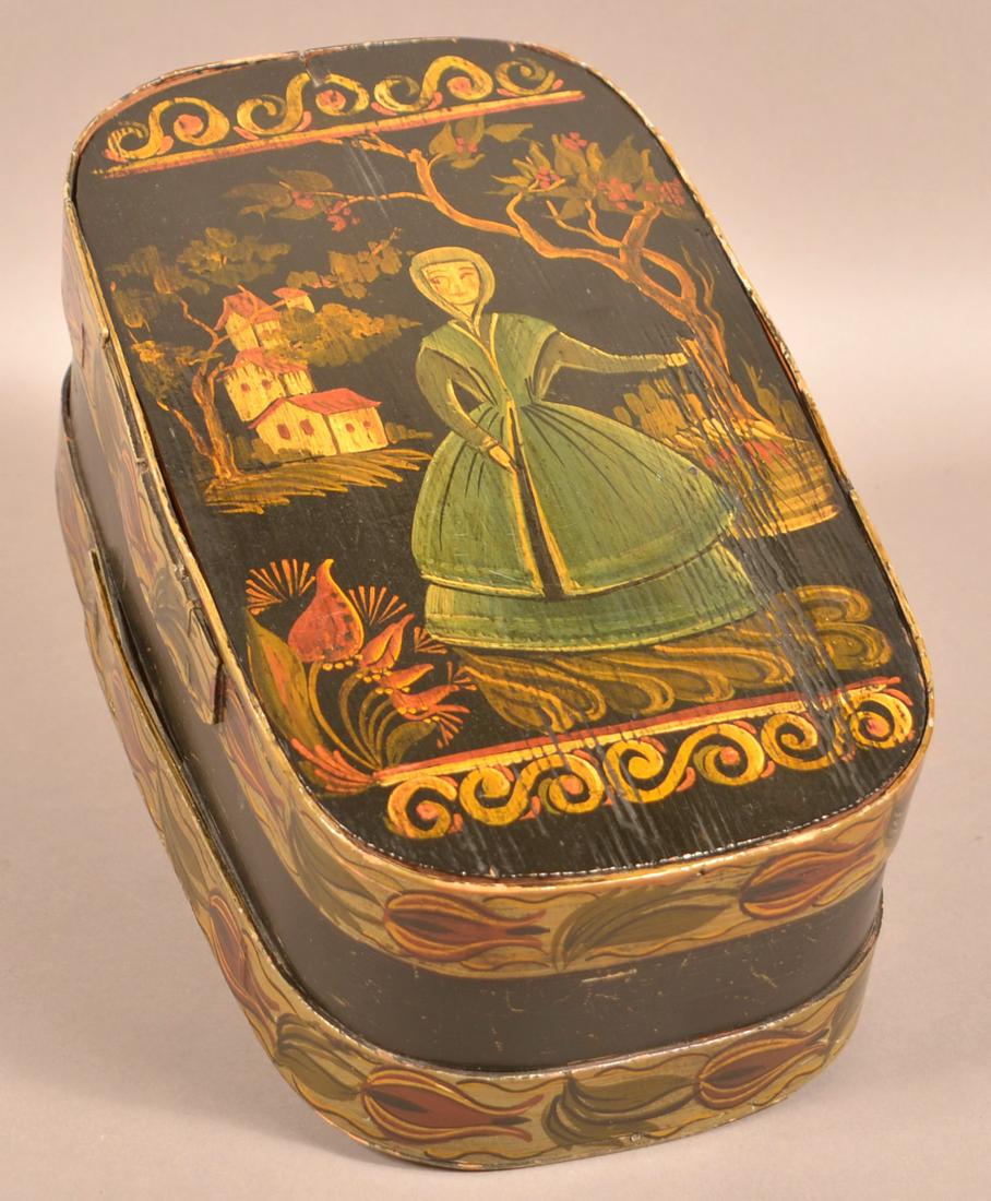 Antique Bentwood Brides Box with later paint.: Antique Bentwood Brides Box with later paint. Signed on bottom Ruth Miller, Allentown, PA. 5"h. X 8"w. x 13-1/2"l. Condition: Good with wear.
