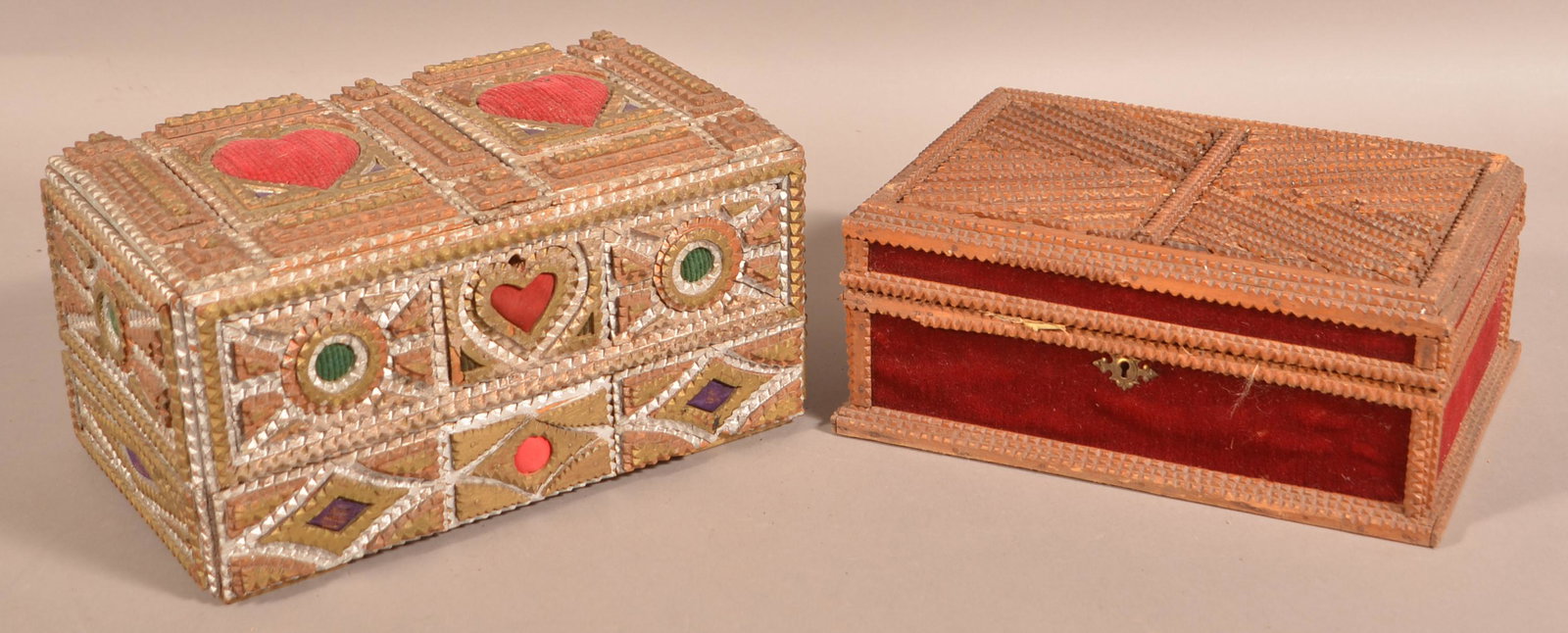 Two Antique Tramp Art Trinket Boxes.: Two Antique Tramp Art Trinket Boxes. Largest measures 7"h. x 13-1/2"w. x 8"d. Condition: Good with wear and losses.