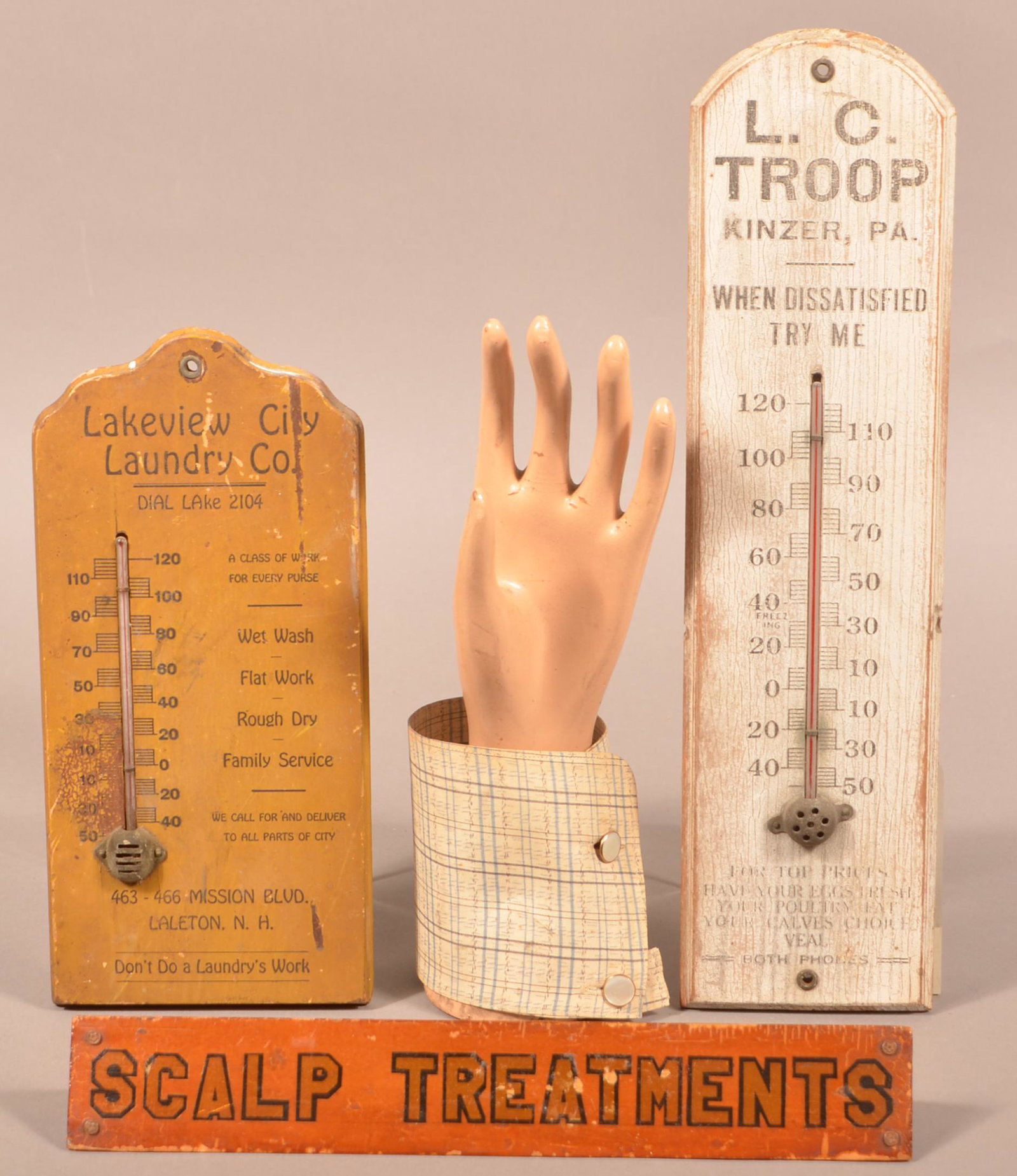 Four Various Advertising Items.: Four Various Advertising Items. Two thermometers and two Country Store items. Largest thermometer measures 15"l. Condition: Good with wear.